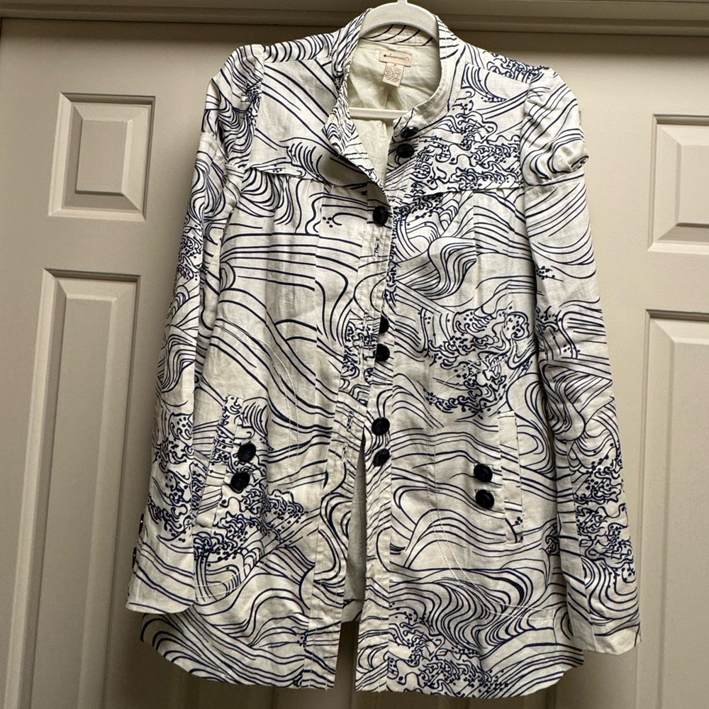 elevenses ANTHRO BRAND 2000s cream linen blend Jacket/dress with Navy Accents - Picture 3 of 13